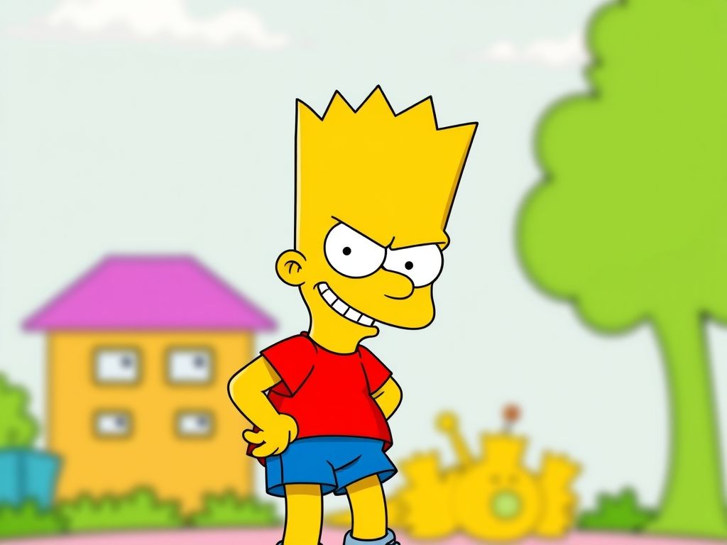 Bart Simpson's mischievous look with his spiky blonde hair and skateboard